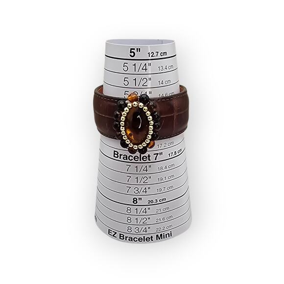 Amber Glass Beaded Center – Brown Faux Leather Wide Cuff Bracelet - Picture 7 of 9